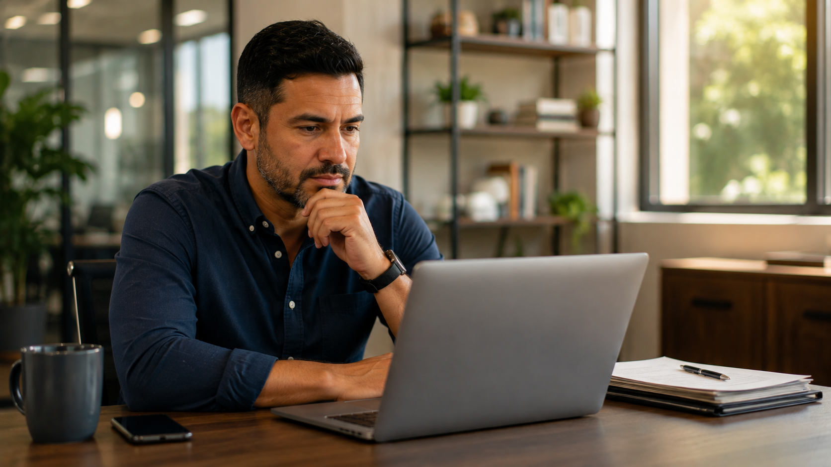 Salesperson sitting at a laptop looking thoughtfully at an empty pipeline after closing a deal