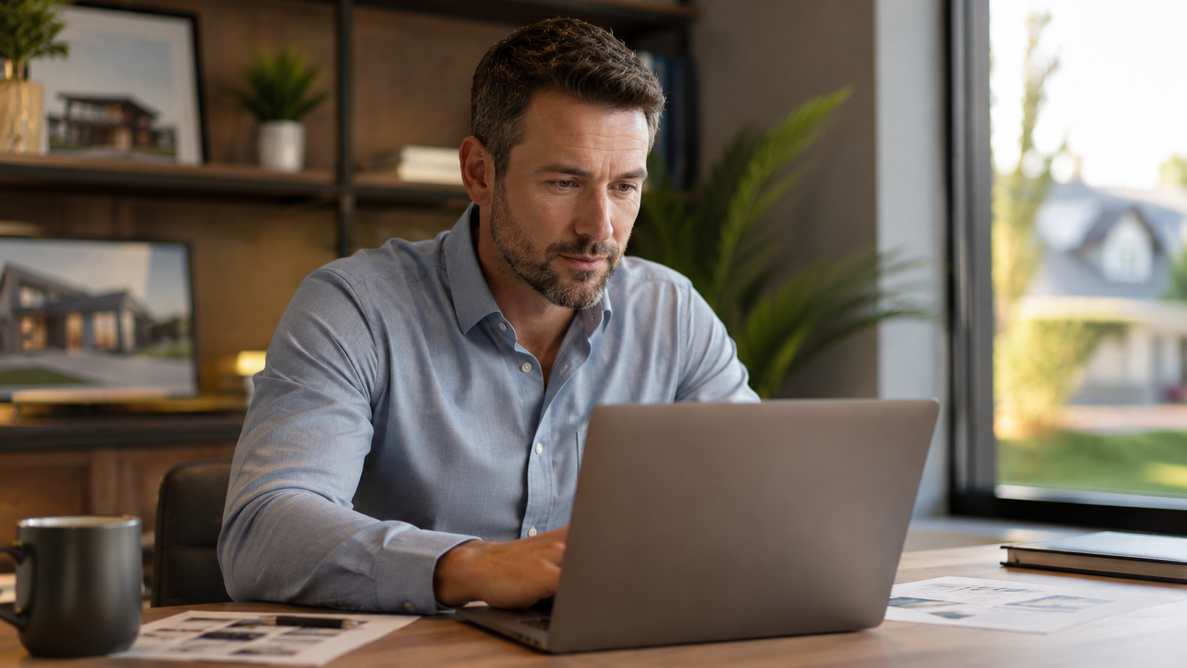 Real estate agent reviewing AI-generated content on a laptop at his desk