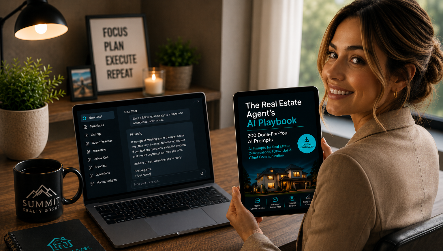 Real estate agent confidently using AI tools at her desk, holding The Real Estate Agent's AI Playbook