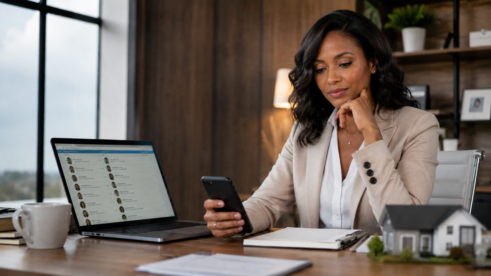 Real estate agent sitting at her desk studying her phone, considering a follow-up message to a lead